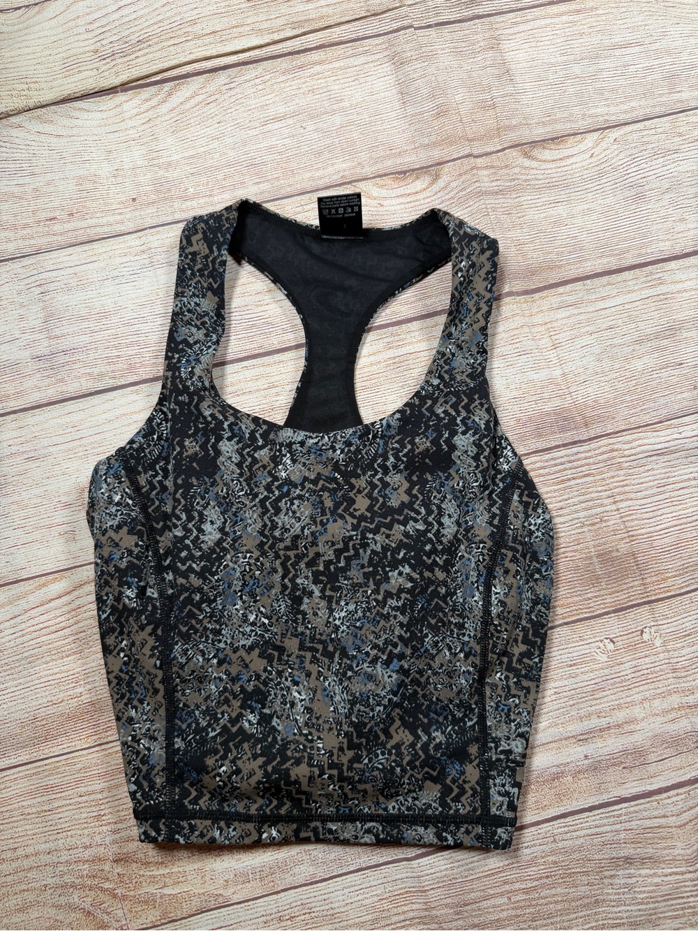Sweaty Betty Black and Olive Patterned Racerback Crop Top